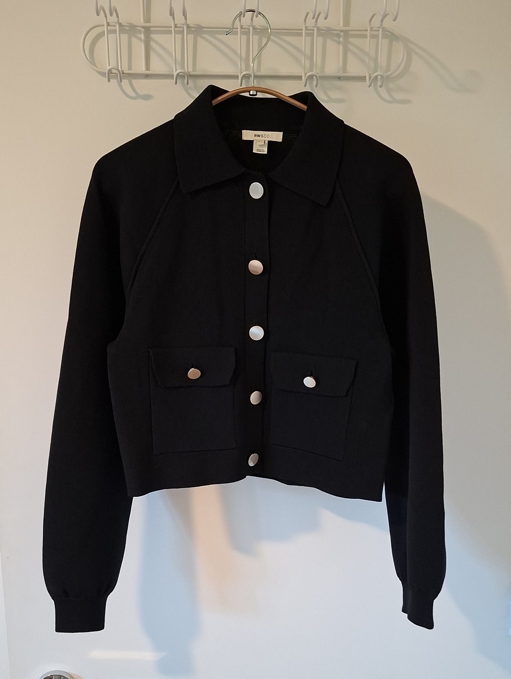 RW&Co. Classic Black Polo-neck Cropped Cardigan Statement Sleeve (Size XS)